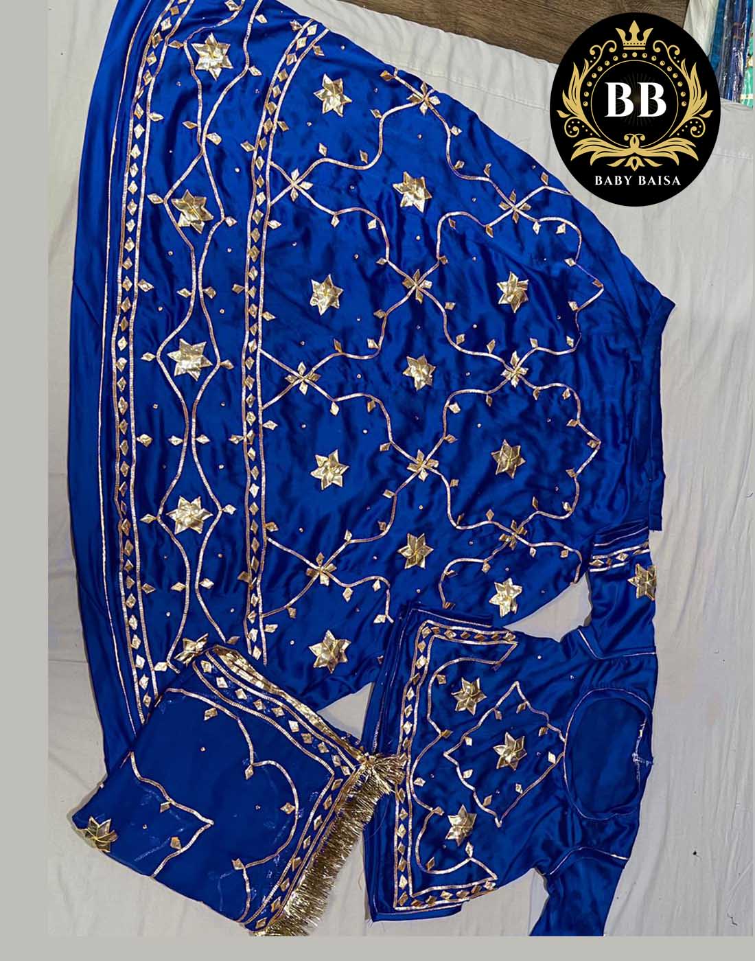 Navy Blue Satin Poshak with Gota Patti Jaal Work