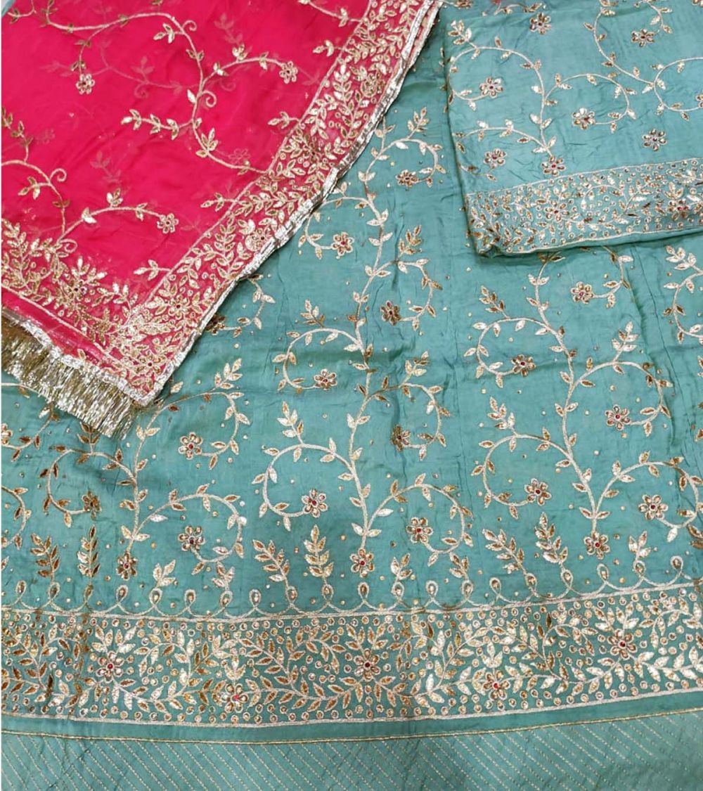 Sky Blue Poshak in Crep with Pink Hamrahi Odhani