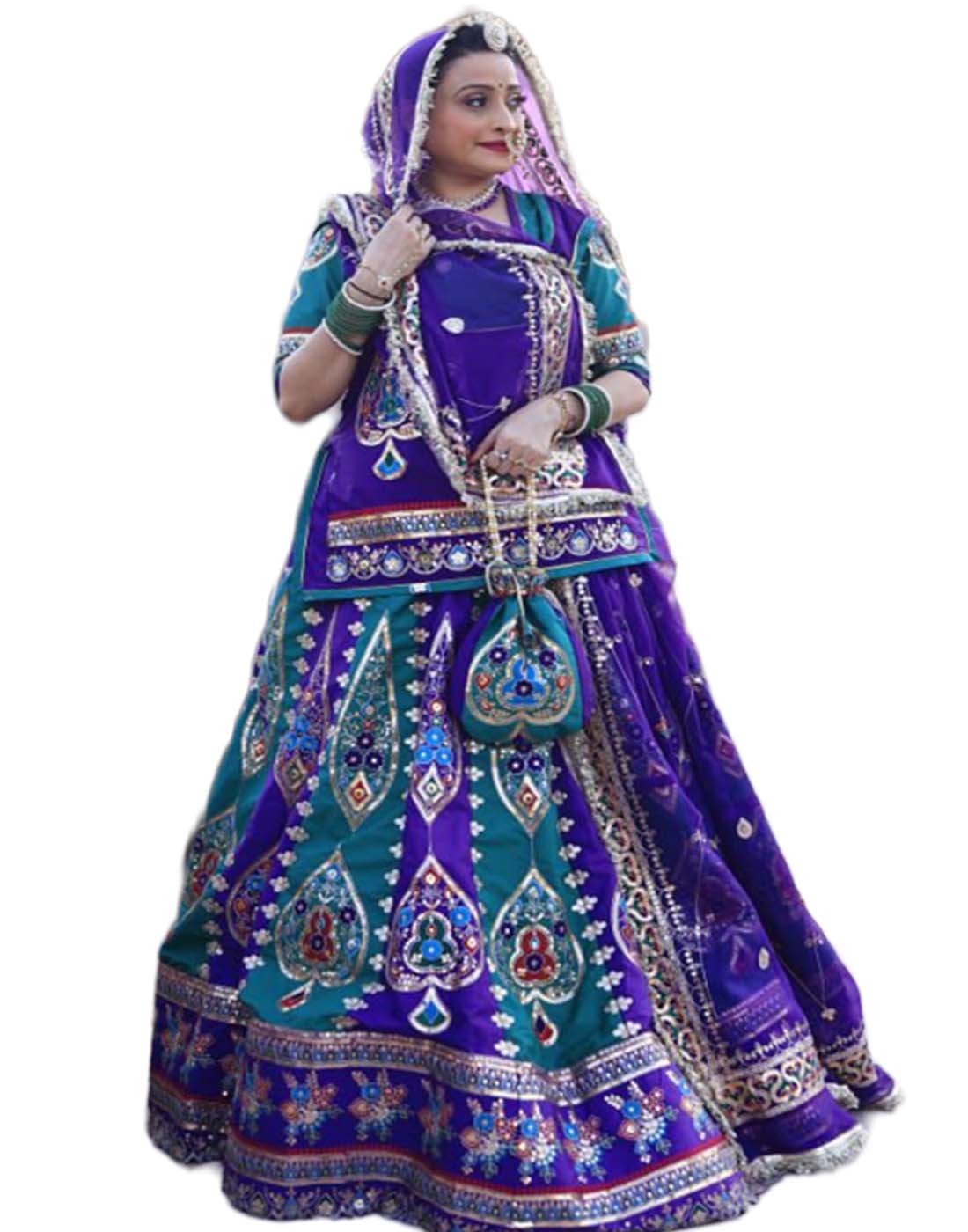 Poshar Designer Poshak in Purple and Blue Color with 7 Meter Ghar Lehanga
