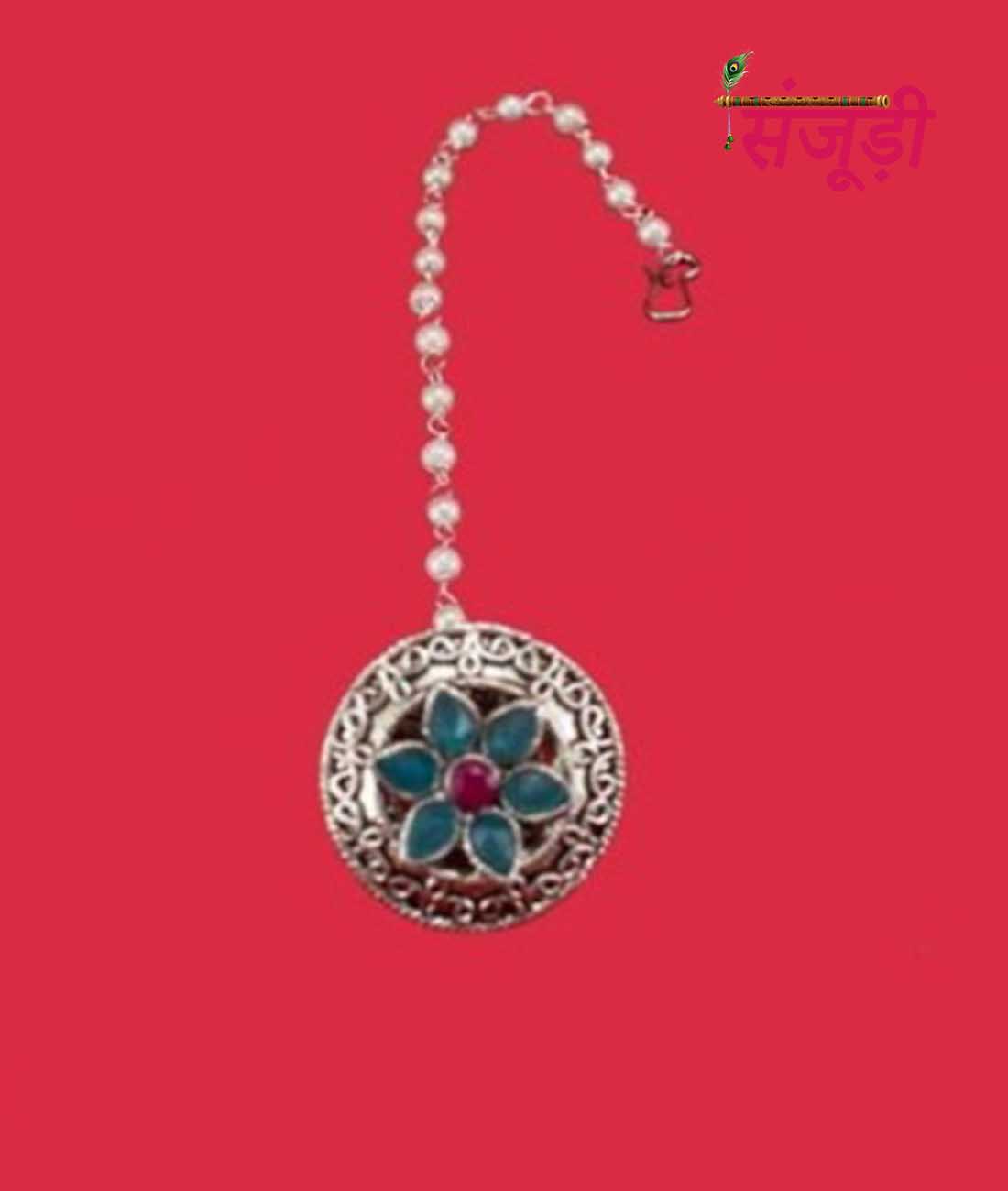 Silver Borla with Firozi Blue and Red Stones