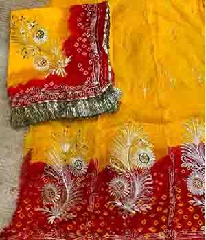 Yellow Red Bandhani Poshak in Pure Hamrahi Fabric