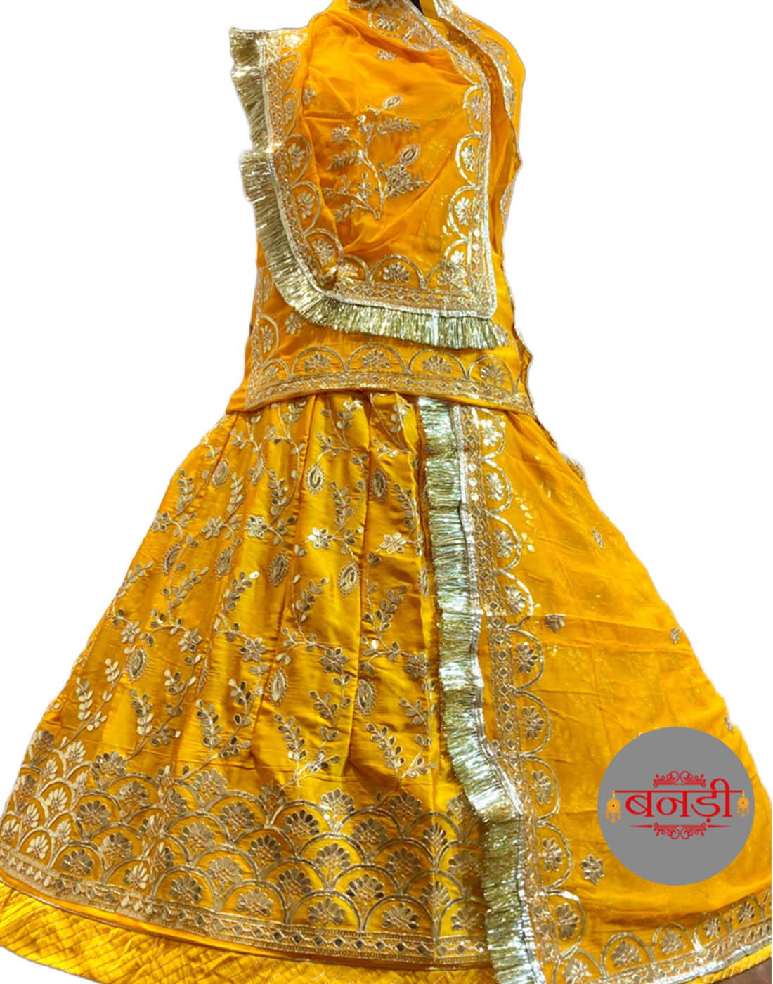 Gota Patti Rajputi Poshak in Yellow with Bember Satin