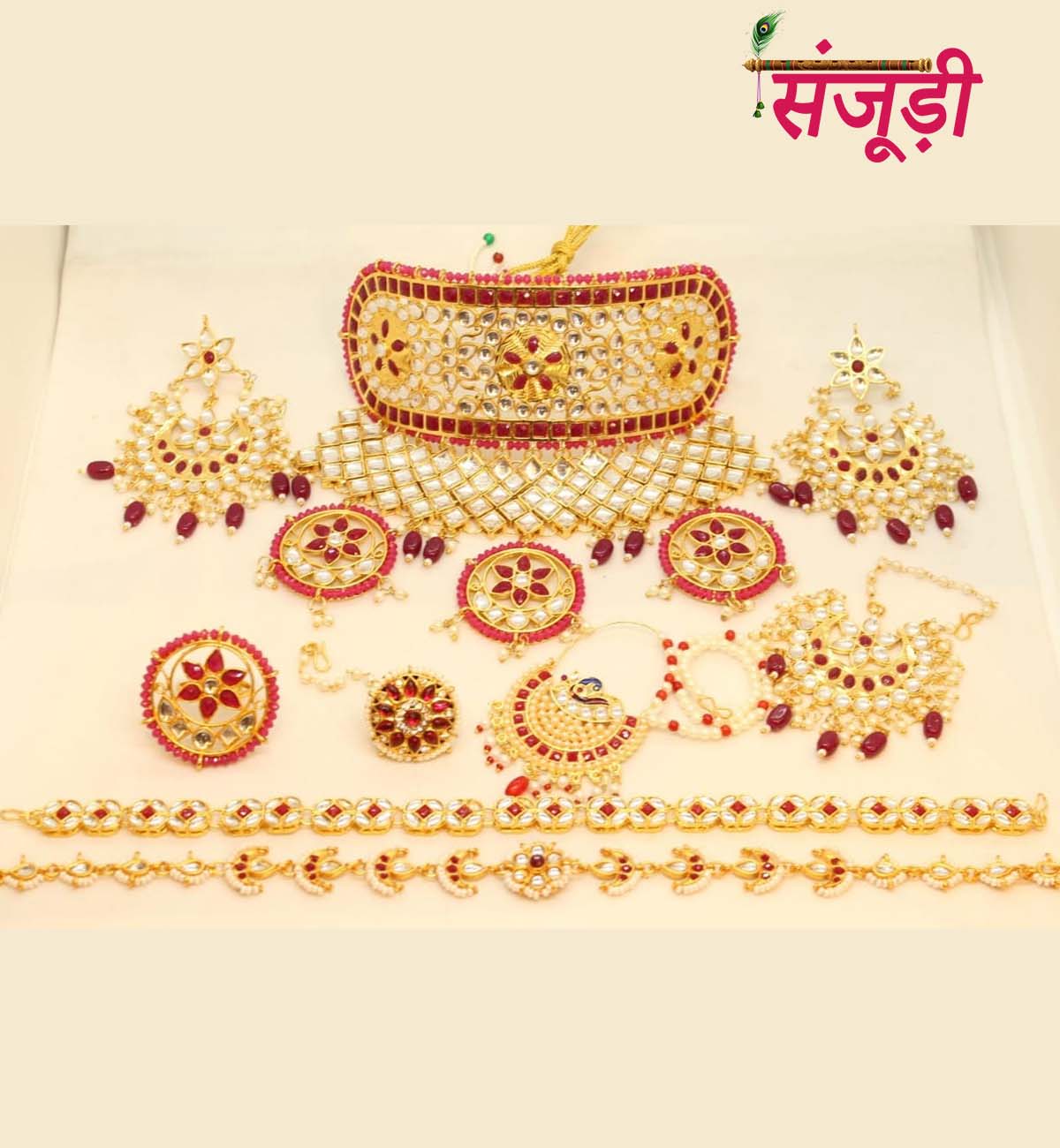 Red Mini Rajwadi Jewelry Set with Big Size Aad