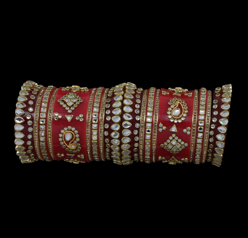 Red Color Bridal Bangle Set in Kundan Stones