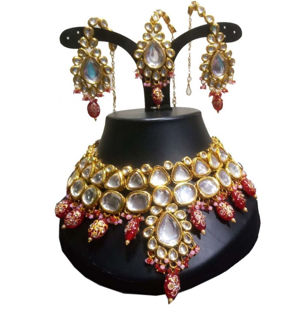 Traditional Kundan Highneck Choker with Red Beads