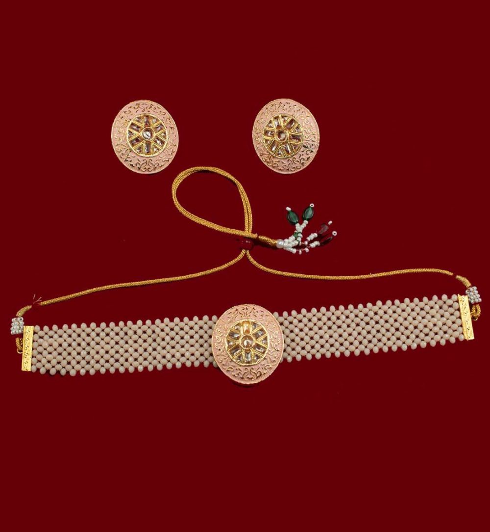 Crystal Pearl Choker Set in Peach Color Meena