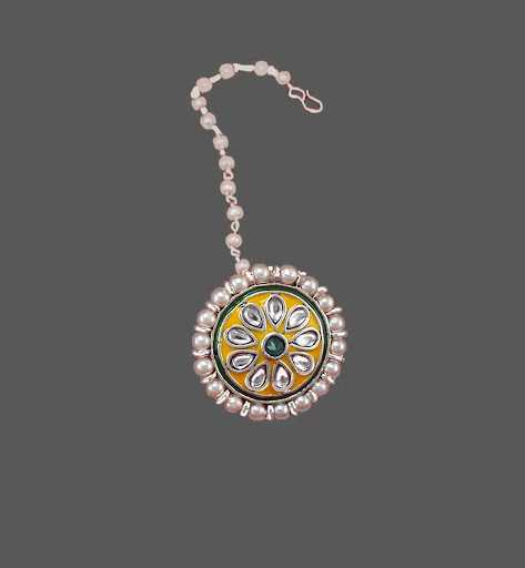 Rajputi Silver Borla with Yellow Meena Work 