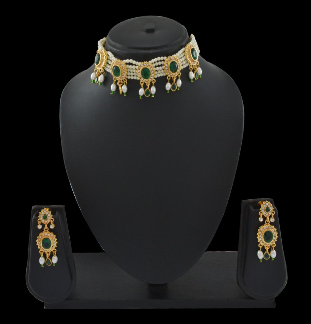 Unique Traditional Rajputi Choker in Green and White Stonework.