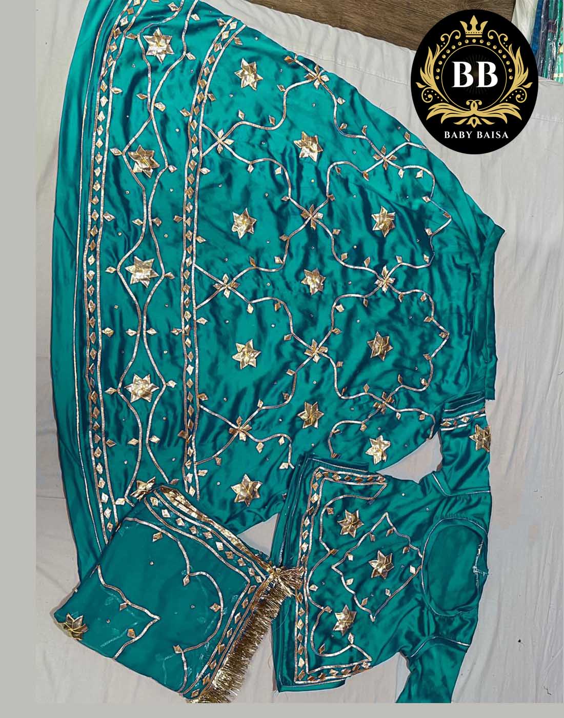 Firozi Blue Satin Poshak with Gota Patti Jaal Work