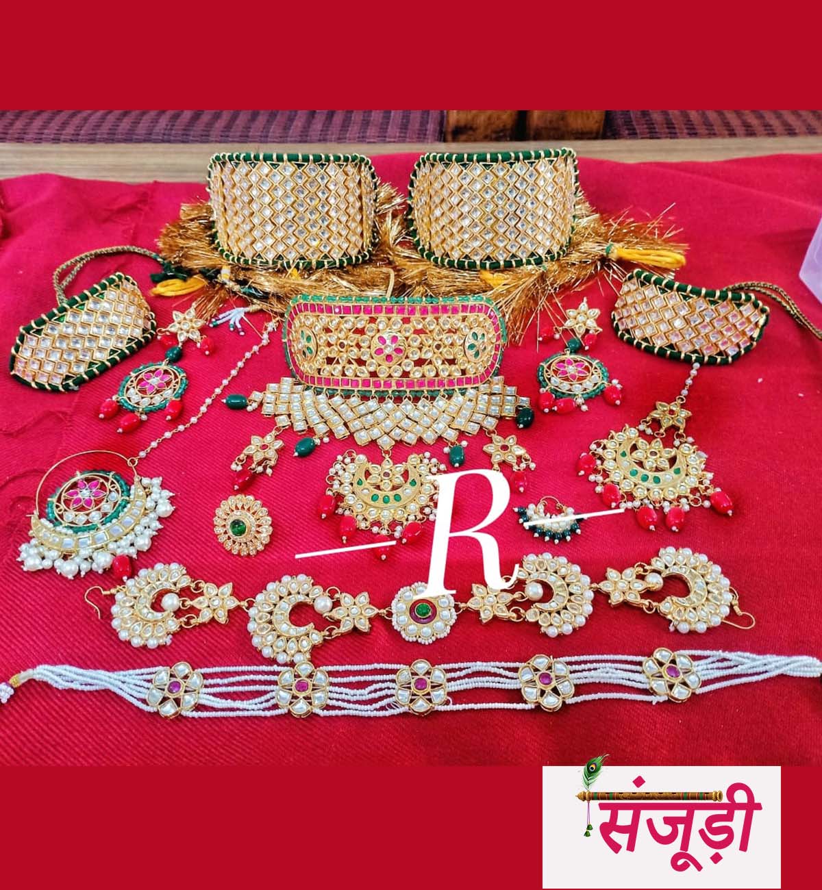 Rajasthani Combo Set in Red and Green Colour with Kundan Work