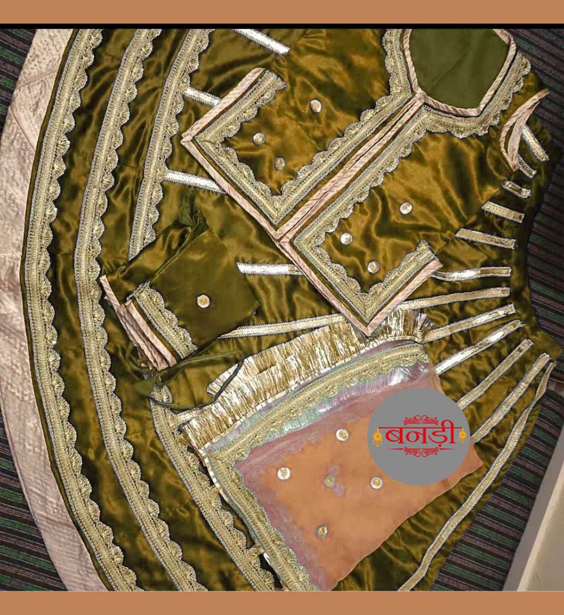 Olive Green Lace Work Poshak with Peach Odhani and Magji