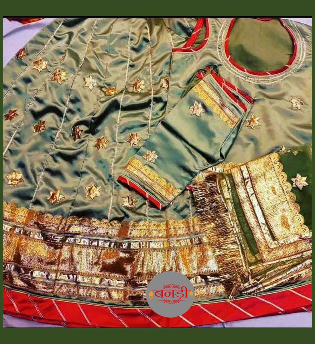 Light Pista Green Lace Work Poshak with Dark Green Odhani and Red Magji