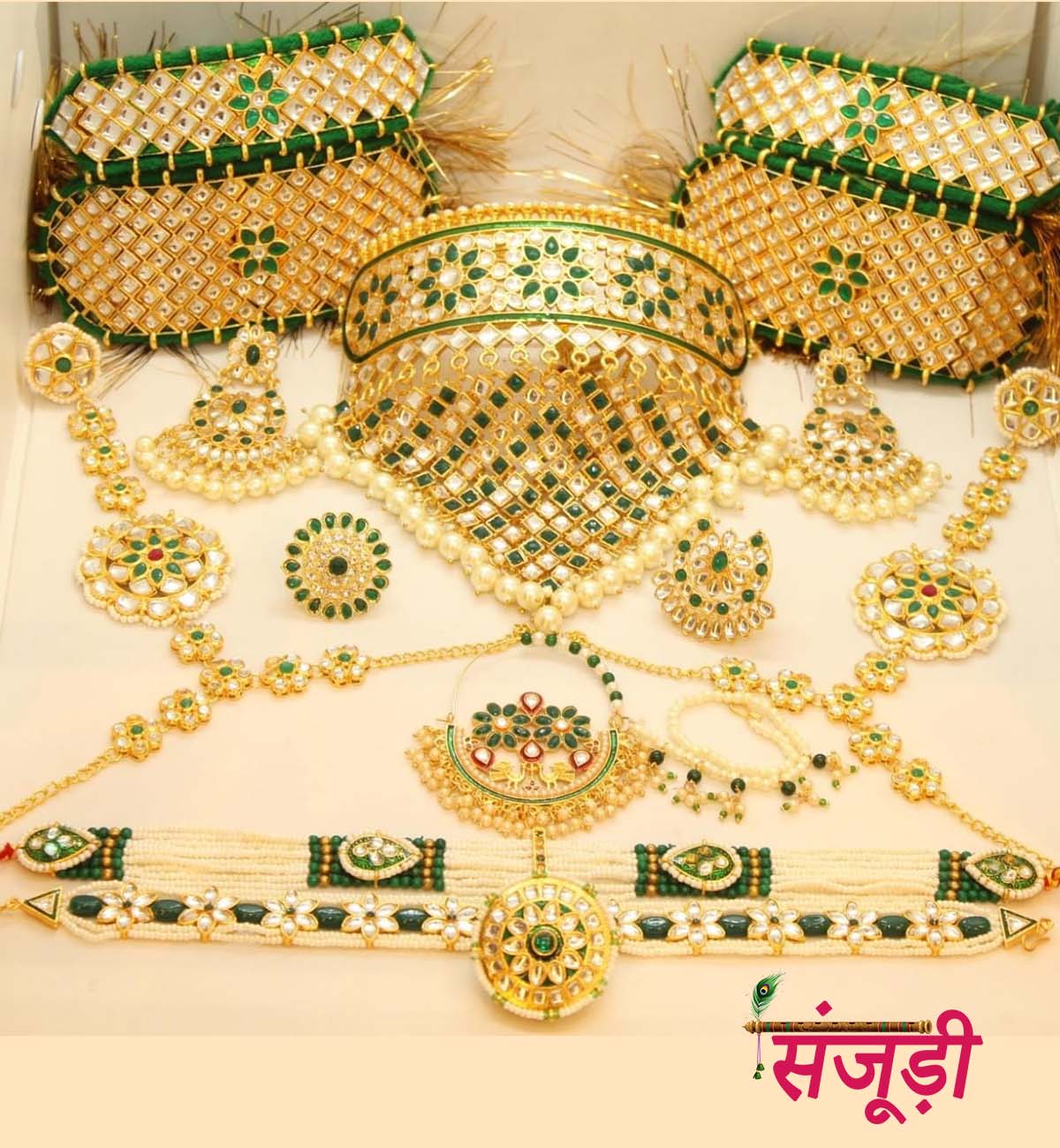 Rajasthani Bridal Jewellery Set in Green Colour with Bajuband
