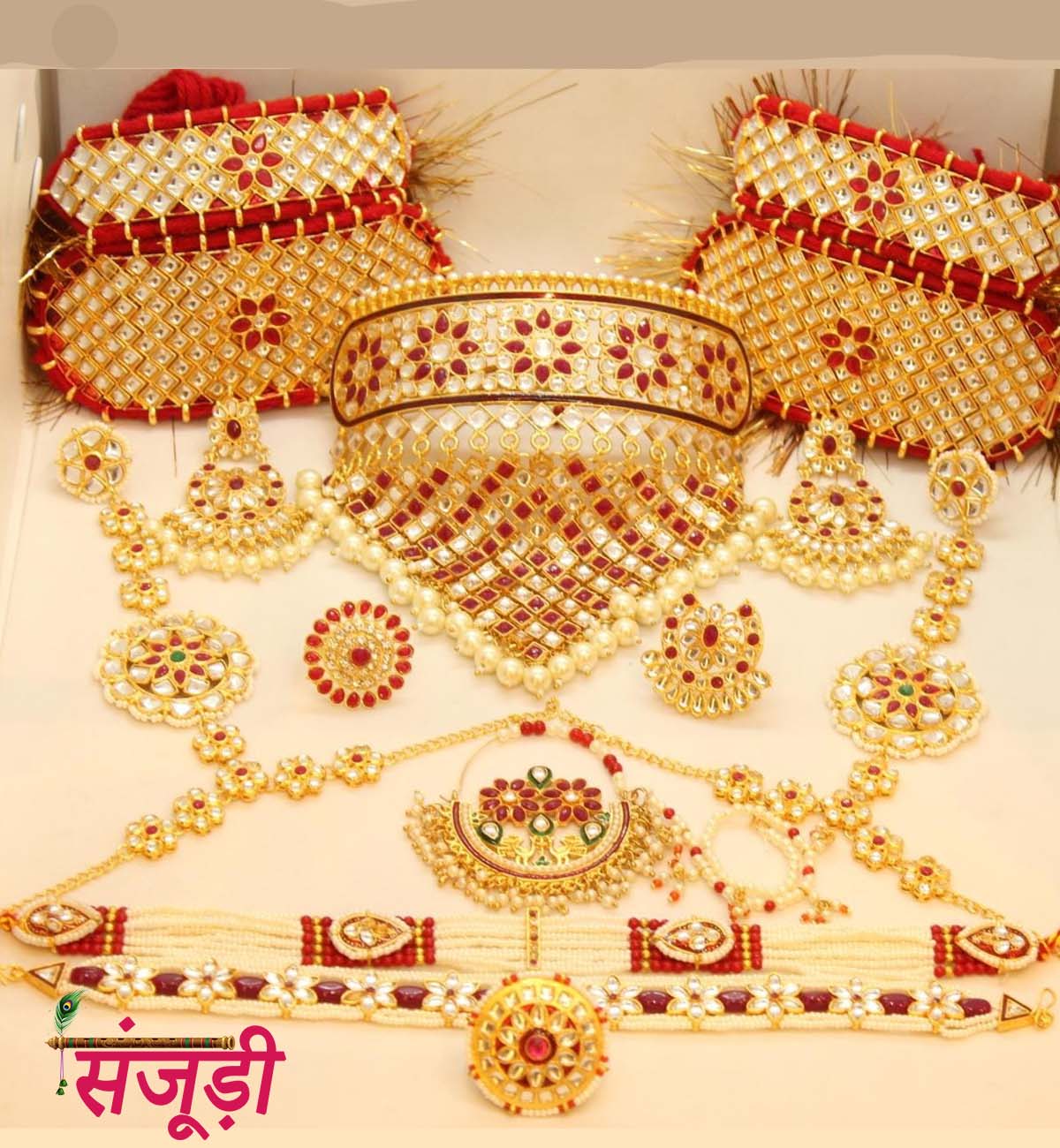 Rajasthani Jewelry Set with White and Red Kundan