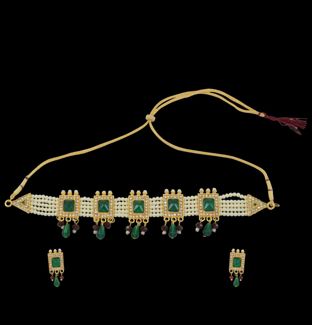 Unique Traditional Rajputi Choker in Green and White Stonework.