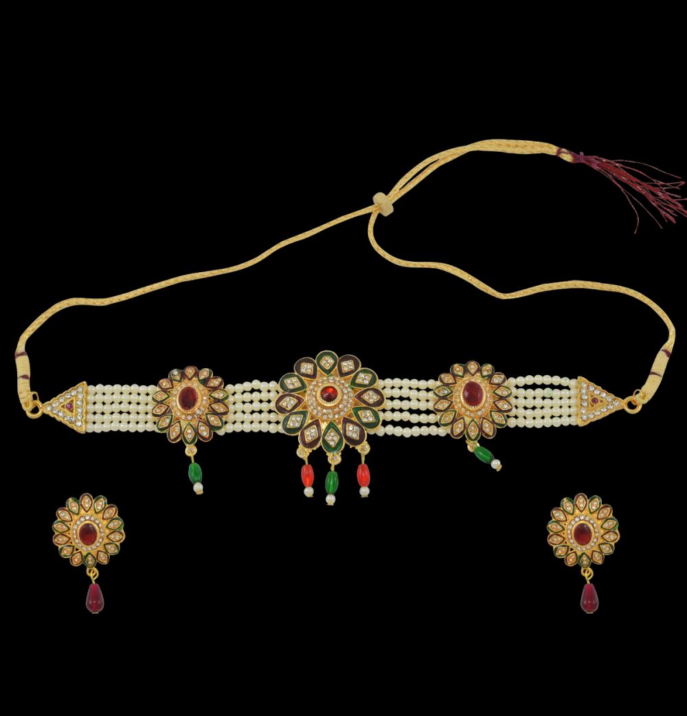 Red Stone Embellished Traditional Rajasthani Choker in Meenakari Work