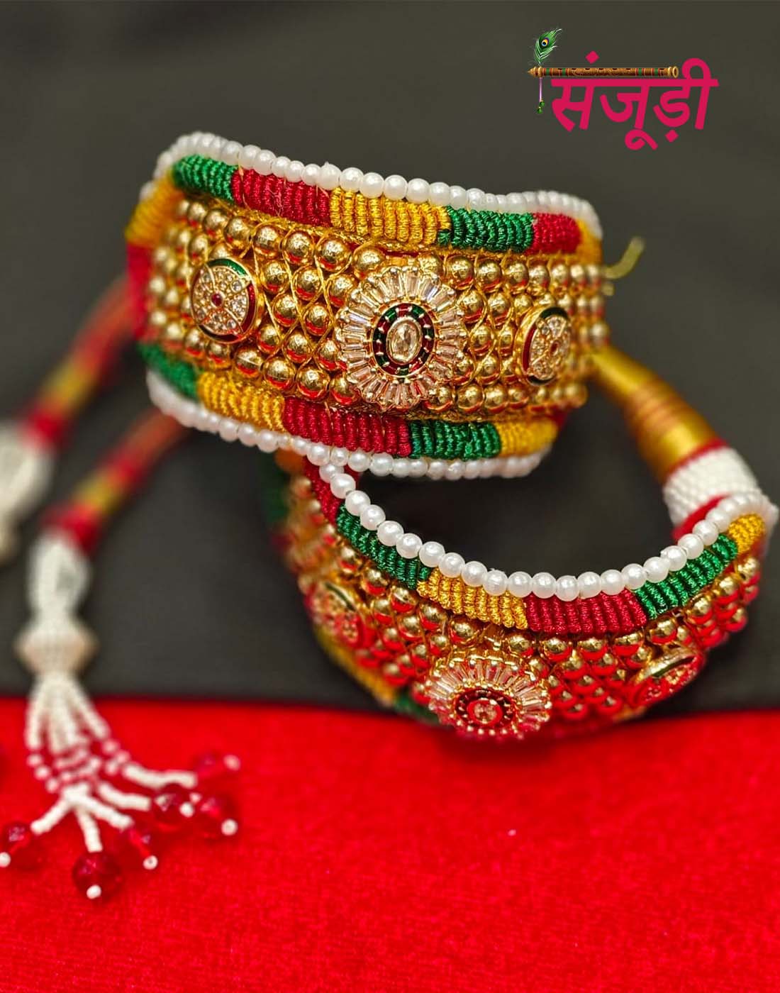Rajasthani Puncha with Triple Pendant and Green Zardoji Powai