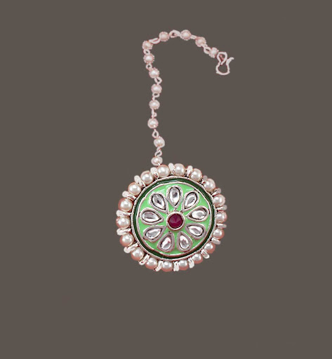 Silver Borla with Mint Green Meena Work 