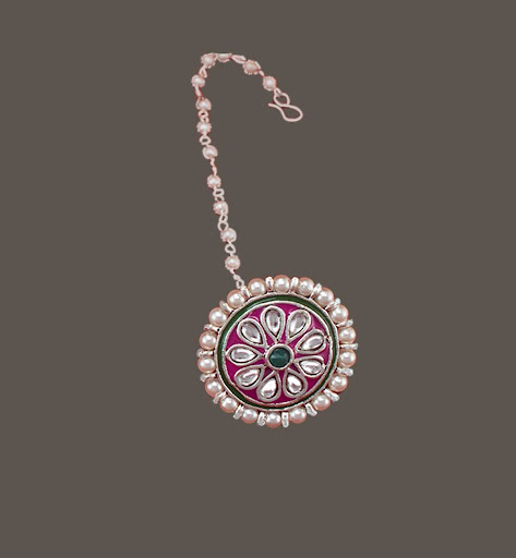 Silver Borla with Dark Pink Meena Work 