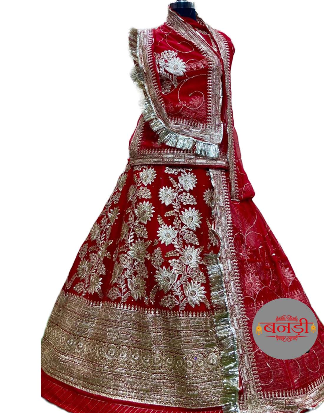 Red Wedding Party Wear Rajputi Poshak with Broad Lehenga Border