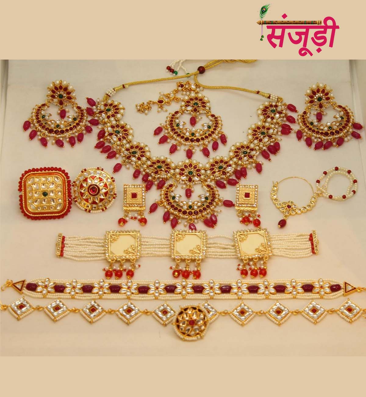 Red Rajputi Jewelry Set with Round Necklace