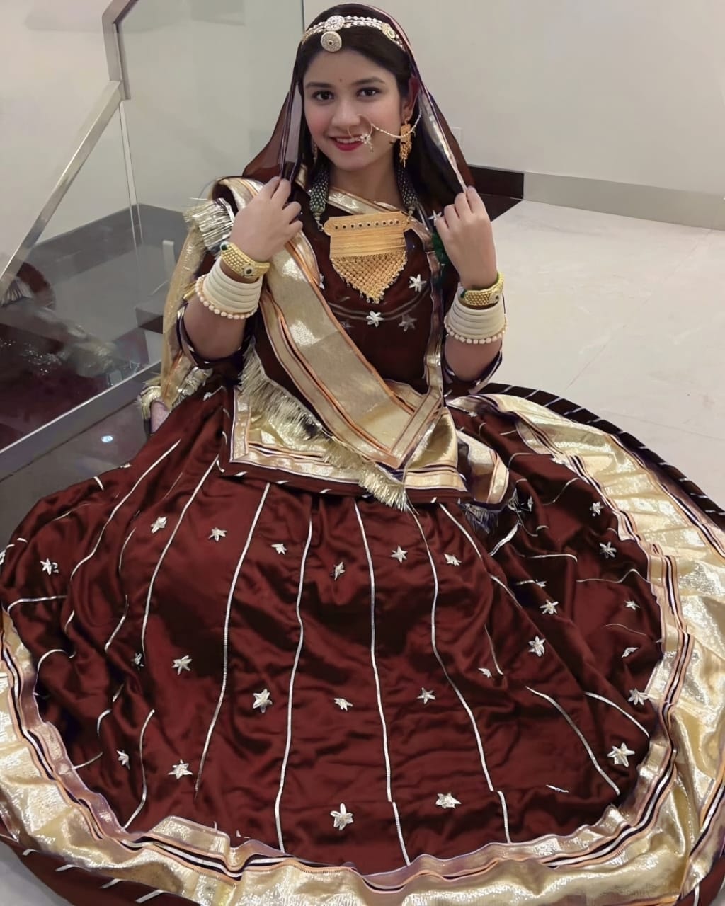Brown Rajputi Gota Patti Poshak with 24 Kali Ghera