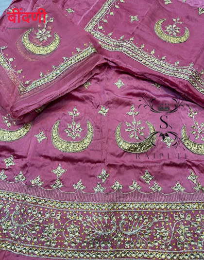 pink color heavy bembar satin poshak with pure odhani