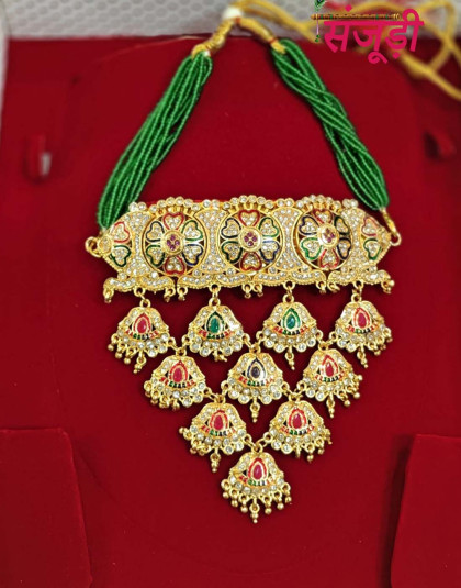 multicolor rajputi aad with green and pink pl stones