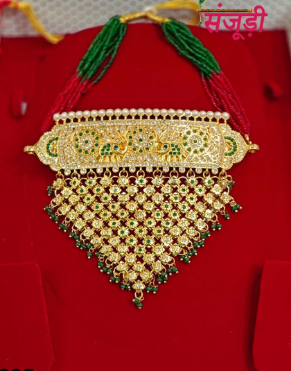 rajputi aad with traditional red and green pearl work
